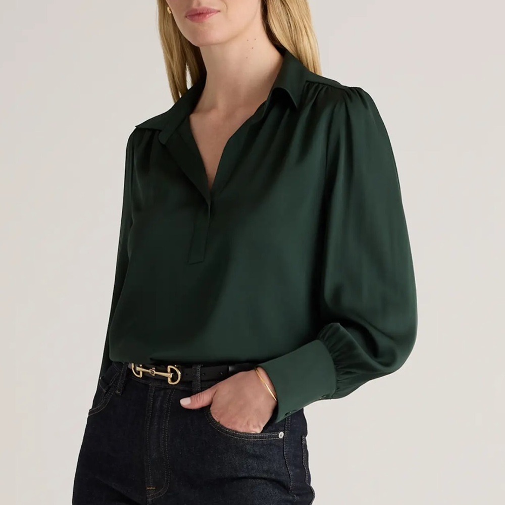 Washable Stretch Silk Split Neck Blouse